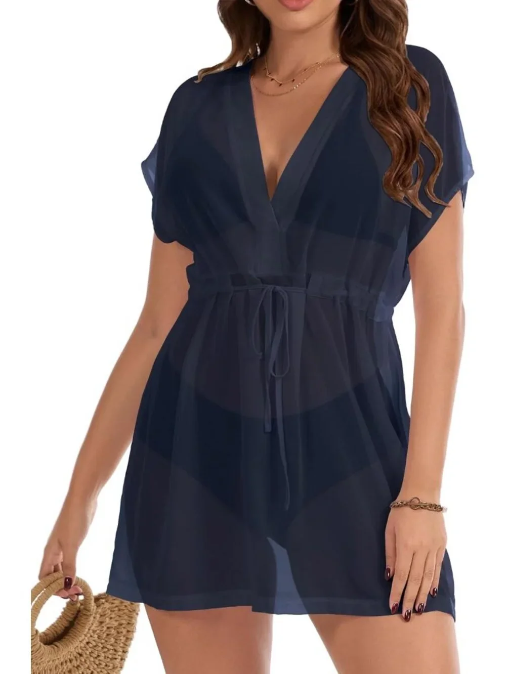 Womens Navy Blue Polyester Coverup Beach Swimsuit Coverup Swimwear Dress V Neck
